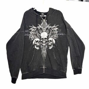 Social Collision Triple Skull Wings Wash Black Gray Full Zip Hoodie Edgy Goth L